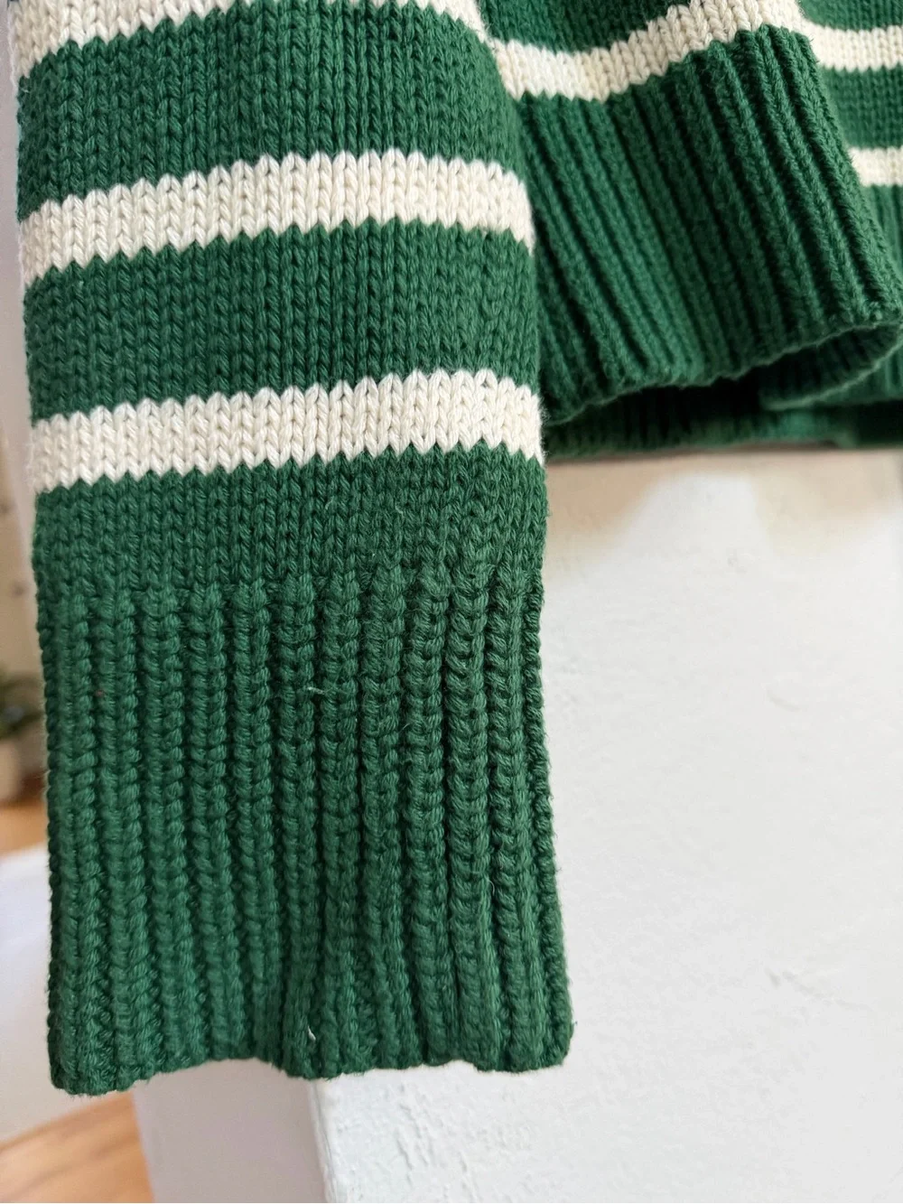J Crew Heritage Cotton Roll-Neck Green White Striped Sweater - Picture 5 of 6